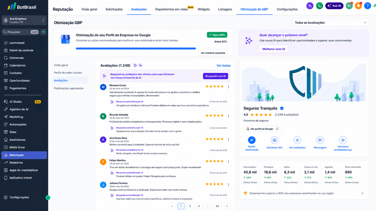 Painel de reputação online da BotBrasil com avaliações do Google, NPS e respostas automáticas — BotBrasil para atendimento com IA 24/7